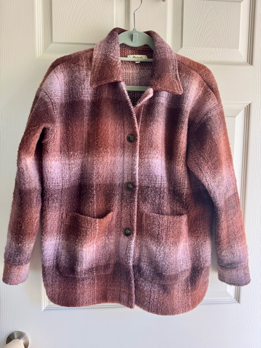 Madewell Plaid Teddy Jacket in Mauve and Rosewood